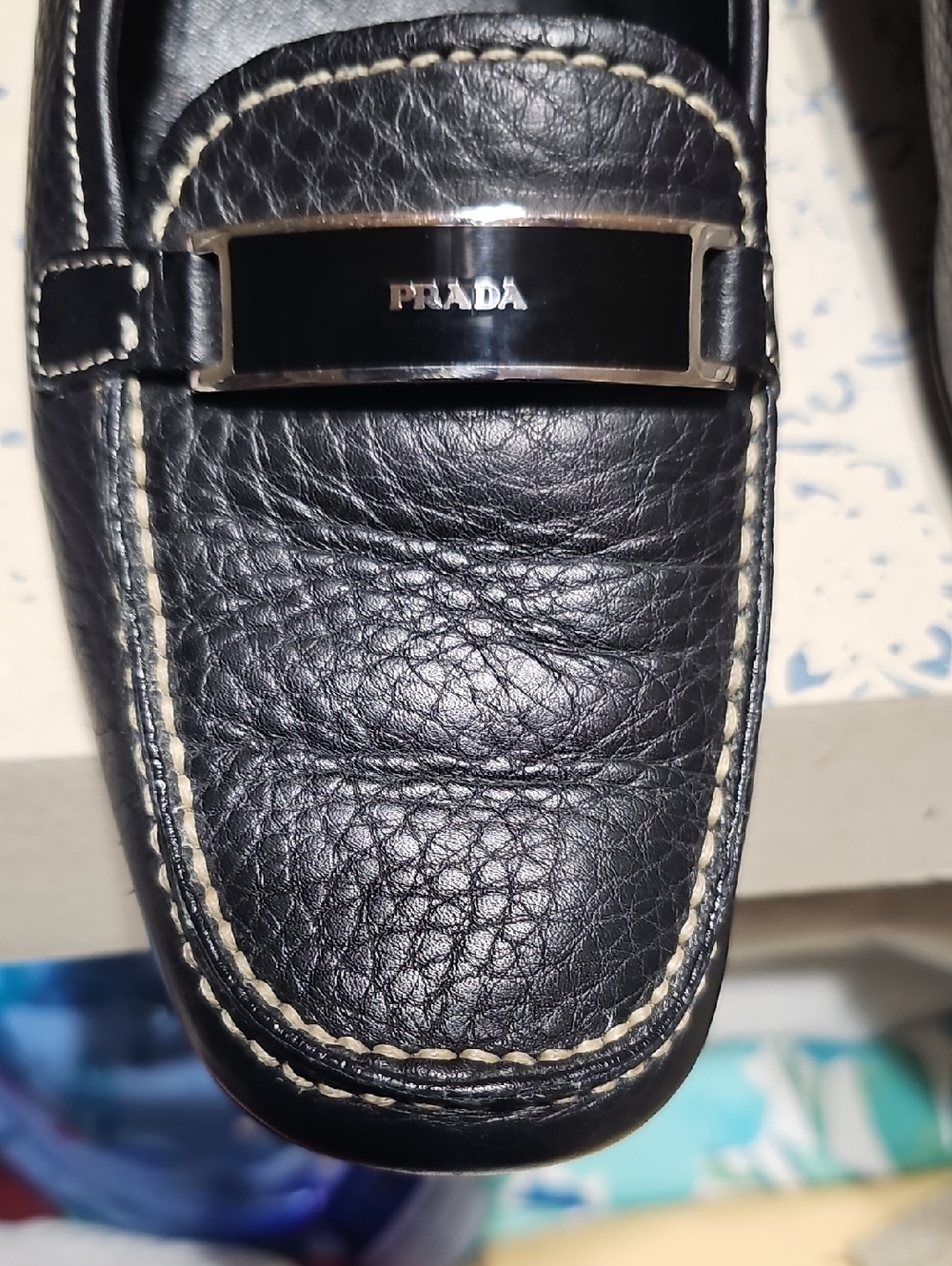 Prada Black Pebbled Leather Loafers with Silver Plaque Size 39 - Picture 2 of 7